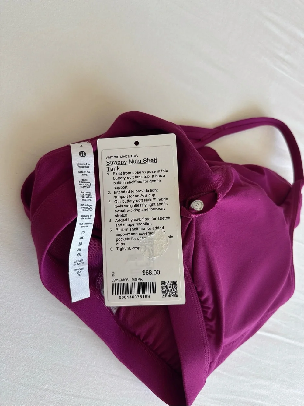lululemon Strappy Nulu Shelf Tank Magenta Purple MGPR Size 2